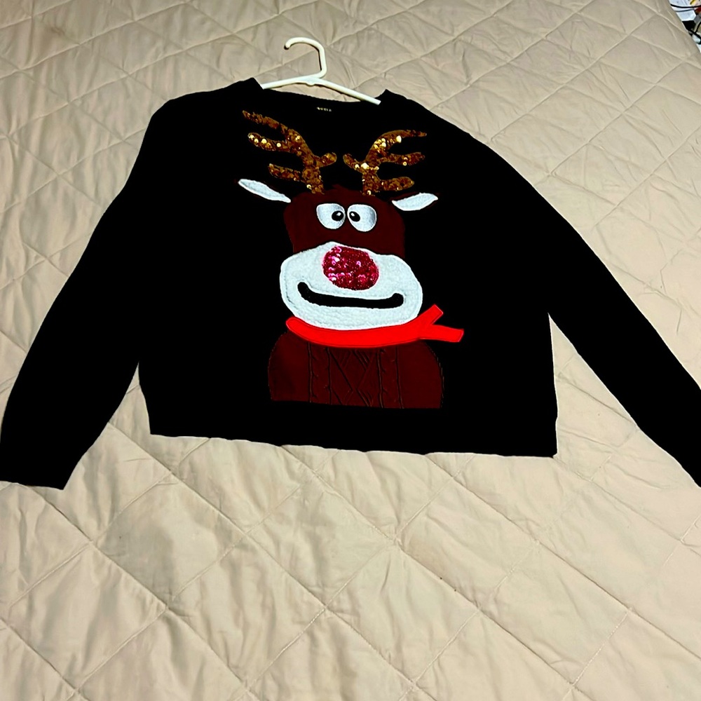 Womens Sweater Black Gold Sparkle Reindeer Christmas Holiday